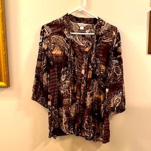 Women’s Long Sleeved Blouse, Black, Brown, Paisley, Ties @ Neck, Size Large